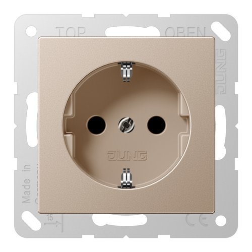Розетка JUNG A 500, скрытый монтаж, с заземлением, со шторками, шампань
